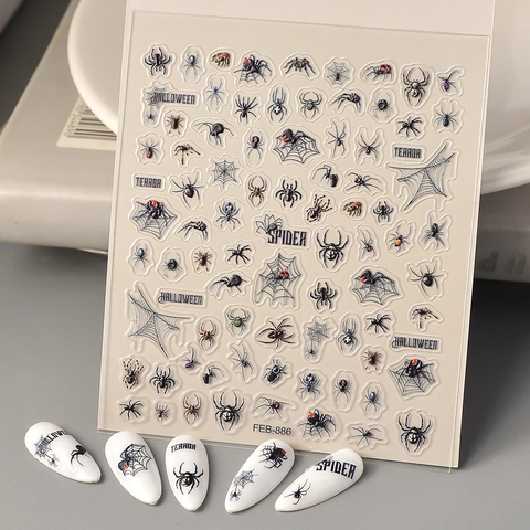 Halloween 5D Gaufré Autocollants Pour Ongles Araignée Toile Gothique Thème Sombre Imperméable Autocollants Décalcomanies
