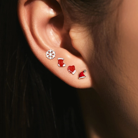 925 Sterling Silver Christmas Stud Earrings Set Red Enamel Santa Hat Stocking Snowflake Rhinestone Earrings For Women Jewelry