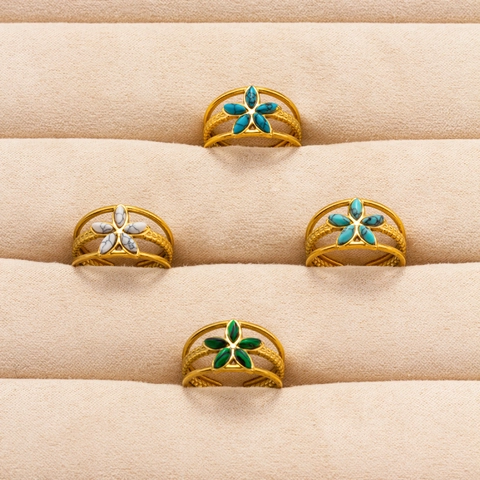 Boho Flower Adjustable Ring Stainless Steel With Imitation Stone Petal Braid Texture Vintage Retro Jewelry For Women