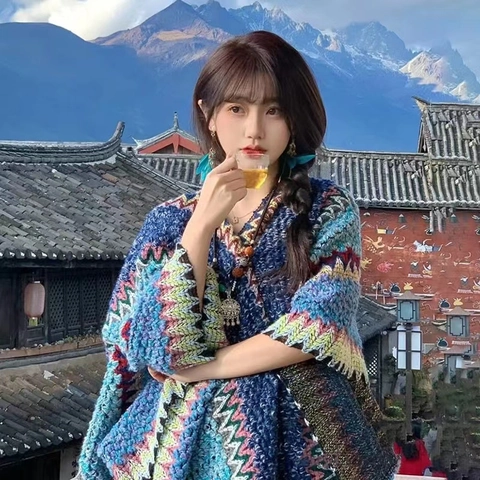 Châle Cape en Tricot Rétro Ethnique pour Femmes Avec Glands Motif Géométrique Bohème Écharpe en Polyester pour Vacances