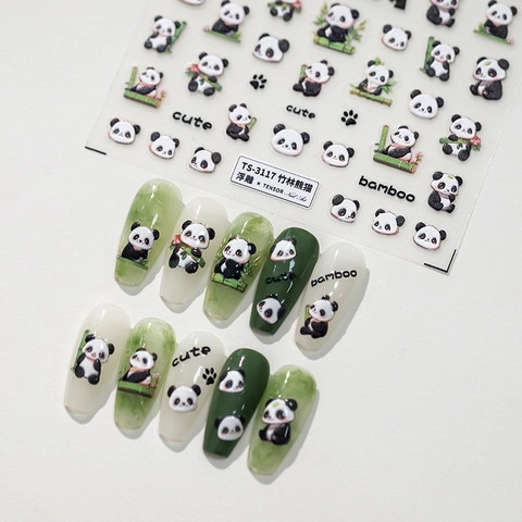 Embossed Nail Stickers Panda Bamboo Forest Design Cute Cartoon Self Adhesive PET DIY Manicure Decals