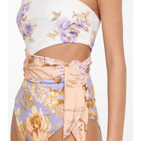 Polyester Monokini One Piece Swimsuit For Women Floral Print Cut Out Waist Side Tie Bandeau Strapless Beachwear