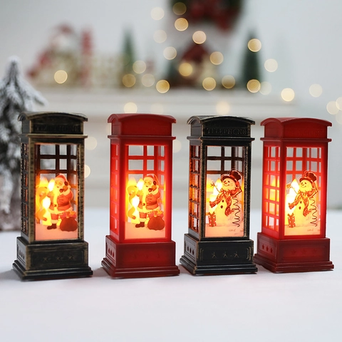 Christmas LED Lantern Retro Telephone Booth Santa Snowman Ornament Mini Hanging Night Light Desktop Holiday Decor Gift