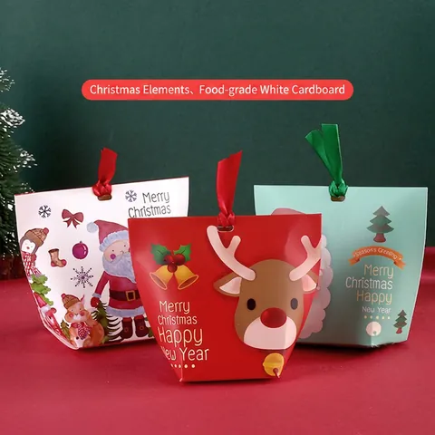 Christmas Candy Gift Boxes Pyramid Triangle Paper Packaging With Ribbon Santa Reindeer Patterns Holiday Party Favors Decorative
