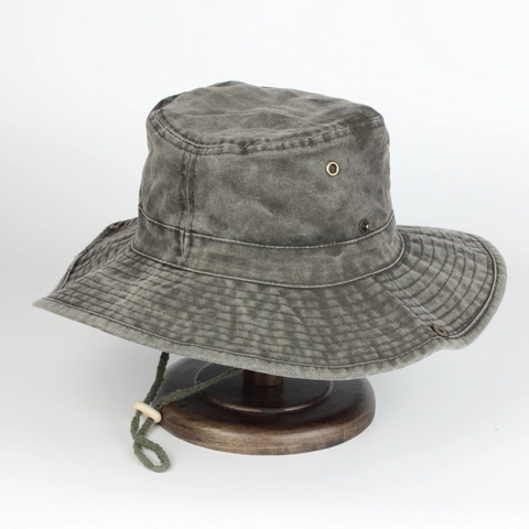 Washed Cotton Bucket Hat With Adjustable Chin Strap Vintage Wide Brim Sun Protection Outdoor Hiking Fishing Sun Hat