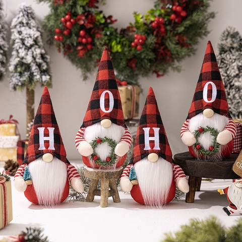 Gnomo di Natale Tomte Svedese Peluche Rosso e Nero Quadrati Figura Senza Volto con Ricamo di Lettere Decorazione Festiva per la Casa