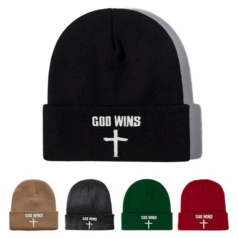 Berretto in Maglia Con Ricamo Croce Lettere God Wins per Uomo Donna Caldo Invernale Casual Morbido in Acrilico