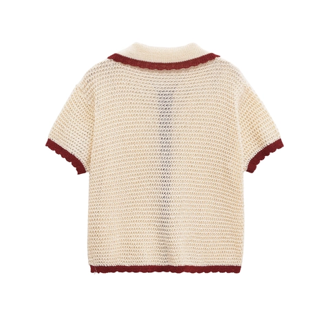 Women Knitted Cardigan And High Waist Shorts Retro Polo Collar Scalloped Trim Contrast Color Casual Streetwear