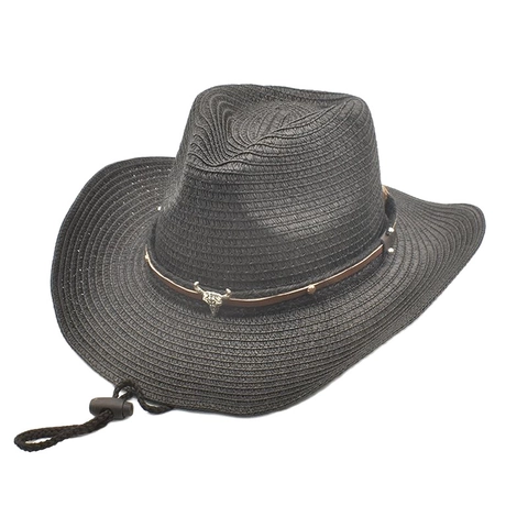 Western Cowboy Hat Straw Woven Panama Style With Bull Head Metal Buckle Adjustable Windproof Strap Sun Protection
