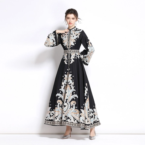 Vintage Paisley Print Maxi Dress Long Flare Sleeve High Waist Tie Belt Elegant Bohemian Style Women Floor Length Polyester