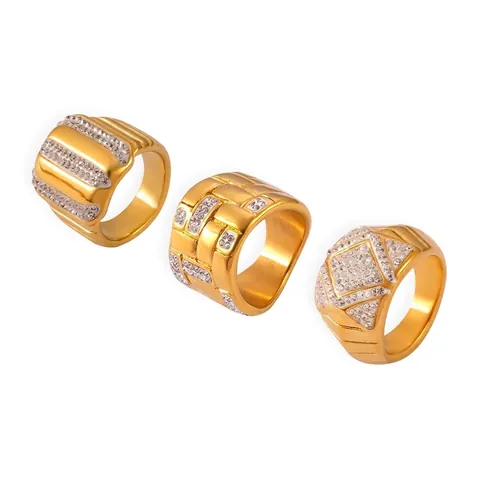Anello Vintage in Acciaio al Titanio Geometrico con Strass Placcato Oro Fascia Larga Agata Artificiale Gioielli di Moda per Uomo Donna