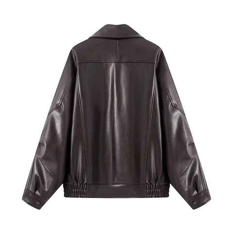 Damen Casual Oversize Braun Kunstlederjacke Vintage Überschnittene Schultern Revers Reißverschluss PU Moto Biker Mantel Streetwear