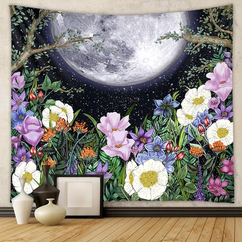 Tapiz De Pared Luna Noche Estrellada Floral Fibra De Poliéster Decoración De Habitación Estética Bohemia Fondo
