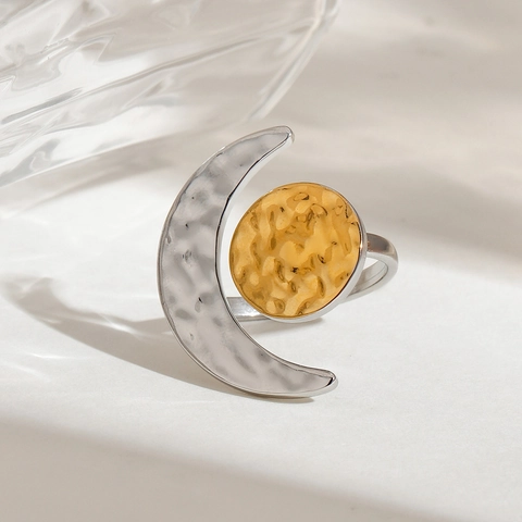 Sonne Und Mond Verstellbarer Ring Edelstahl Hammerschlag-Textur Zweifarbig Wasserdichter Schmuck Für Frauen