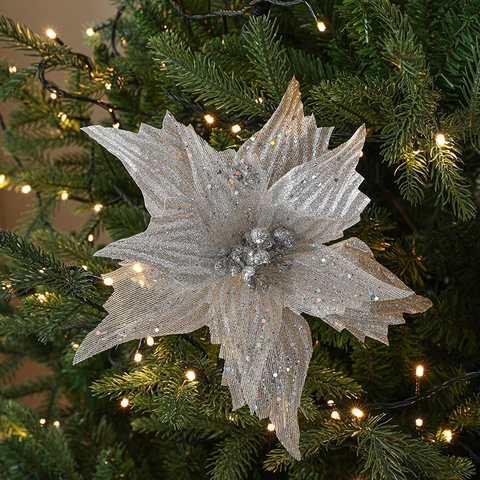 Christmas Poinsettia Flowers Artificial Glitter Sequined Fabric Xmas Tree Ornaments Decorative Large Festive Home Party