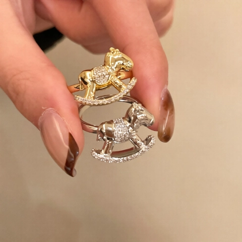 Rocking Horse Open Ring Copper Cubic Zirconia Micro Pave Animal Adjustable Finger Jewelry Light Luxury Fashion Women