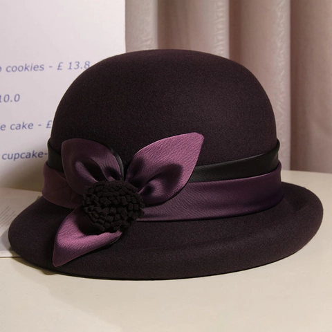 Chapeau Cloche Vintage Elégant Pour Femme En Feutre De Laine Décor De Ruban Floral Bord Roulé Style Hepburn