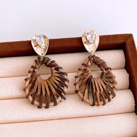 Teardrop Dangle Ohrringe Aus Geflochtenem Rattan Und Vergoldetem Kupfer Mit Zirkon Und 925 Sterling Silver Earring Post