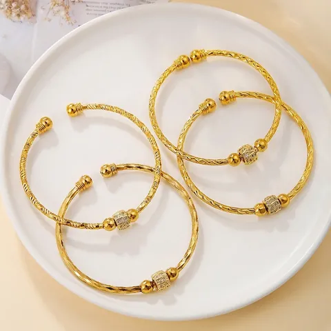 Elegant Copper Gold Plated Open Bangle Bracelet With Micro Set Cubic Zirconia Spiral Texture Retro Jewelry For Women
