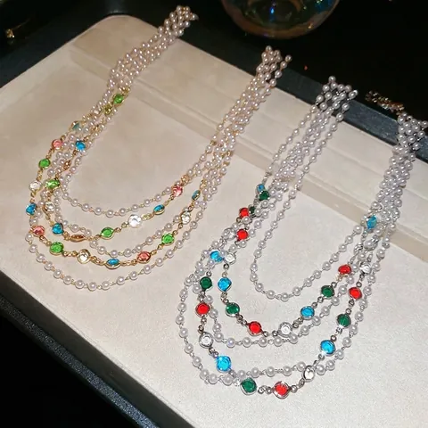 Mehrlagige Künstliche Perlenkette Mit Bunten Glasperlen Und Rund Geschliffenen Edelsteinen Retro Hofstil Schlüsselbein Kette Für Damen