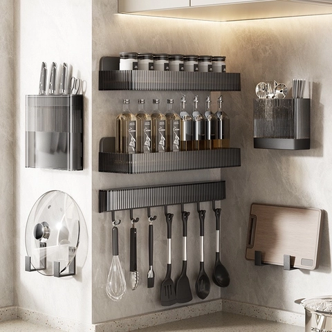 Wall Mounted Kitchen Storage Organizer Rack Plastic Punch Free Knife Spice Pan Cover Holder Modern Ripple Texture
