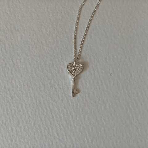 Heart Key Pendant Necklace 925 Sterling Silver Sparkling Zircon Inlaid Dainty Minimalist Jewelry For Women
