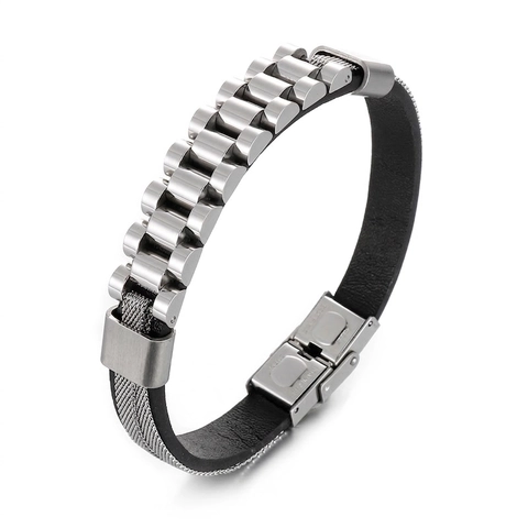Bracciale Da Uomo Stile Cinturino Orologio Acciaio Inossidabile E Pelle Giunzione Industriale Creativo Gioielli Minimalisti