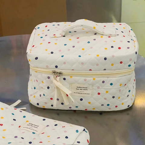 Colorful Polka Dot Quilted Cotton Makeup Bag Travel Cosmetic Organizer Large Capacity Handbag Pouch Women