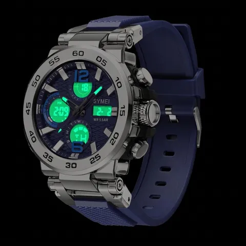 Men Sports Watch Dual Display Waterproof LED Backlight Multifunctional Alloy Case Silicone Strap Chronograph Alarm Rugged
