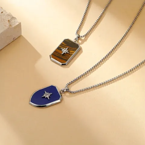 Collana Con Ciondolo In Acciaio Inossidabile Forma Scudo Rettangolare Vintage Hip Hop Stella Occhio Di Tigre Per Uomo