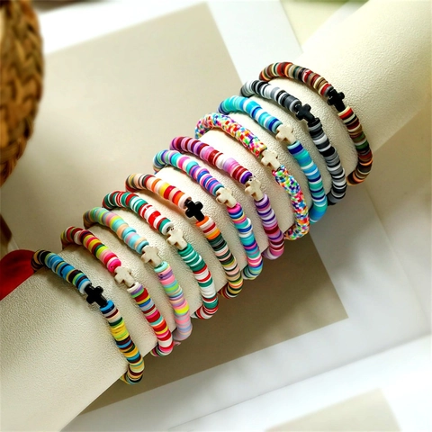 Bohemian Colorful Polymer Clay Heishi Beads Elastic Bracelet With Cross Charm Fashion Jewelry For Men Women