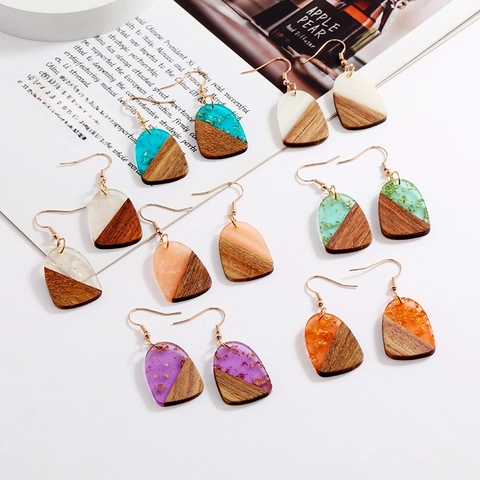 Pendientes Colgantes Geométricos Vintage De Madera Y Resina Con Pan De Oro Para Mujeres Estilo Bohemio Étnico