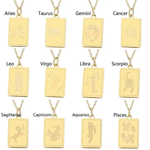 Sternzeichen Quadratischer Anhänger Halskette Edelstahl 18K Vergoldet Vintage Geprägt Mode Pendler Unisex