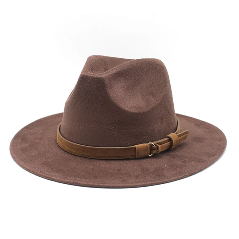 Chapeau Fedora Vintage Large Bord Daim Feutre Jazz Casquette Avec Boucle De Ceinture Décorative Unisexe Style Britannique