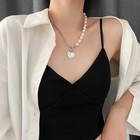 Titanstahl Herz Anhänger Spleißkette Für Damen Leichter Luxus Künstliche Perlenkette OT Knebelverschluss Choker Schmuck