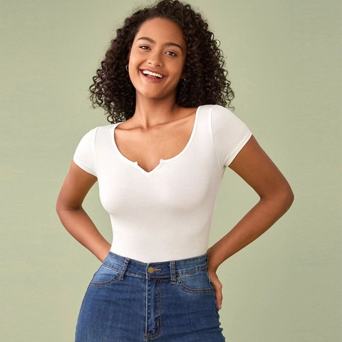 Damen Kurzarm T-Shirt Mit V-Ausschnitt Slim Fit Viskose Elasthan Einfarbig Sommer Casual Crop Top Base Layer