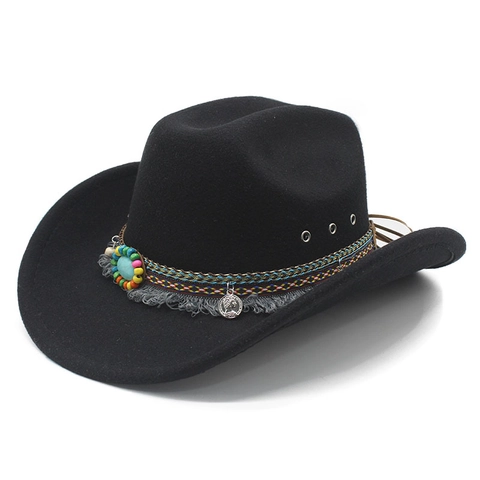 Western Cowboy Hat Ethnic Woven Band Wide Brim Fedora Turquoise Tassel Metal Coin Vintage Bohemian Style