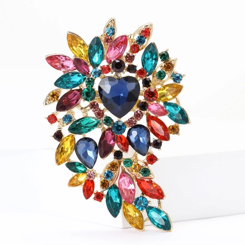 Luxus Legierung Strass Herz Blumen Brosche Großer Kristall Exquisite Pin Für Damen Mantel Schal Bankett Hochzeit Schmuck