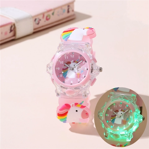 Kids Cartoon Unicorn LED Luminous Quartz Watch Plastic Case Silicone Strap Analog Display Colorful Timepiece For Children