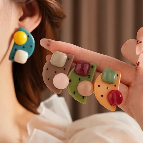 Geometric Resin Stud Earrings With 925 Sterling Silver Earring Post Polka Dot Pop Art Colorful Retro Jewelry For Women