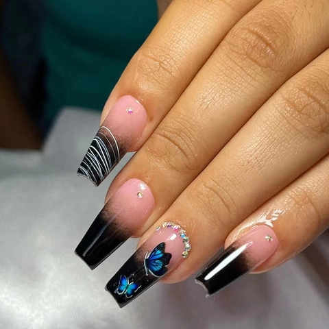 Faux Ongles À Coller Dégradé Noir Rose Motif Papillon Et Strass Forme Cercueil Longue Style Y2K