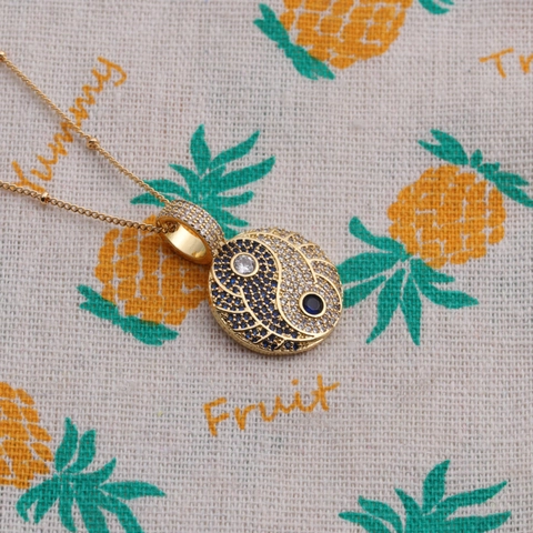 Tai Chi Yin Yang Pendant Necklace Copper Gold Plated Zircon Inlaid Ethnic Zen Jewelry Women