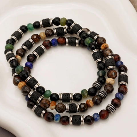 Natural Stone Beaded Bracelet Lava Rock Lapis Lazuli Tiger Eye Elastic Faceted Handmade Jewelry For Men Unisex Bohemian