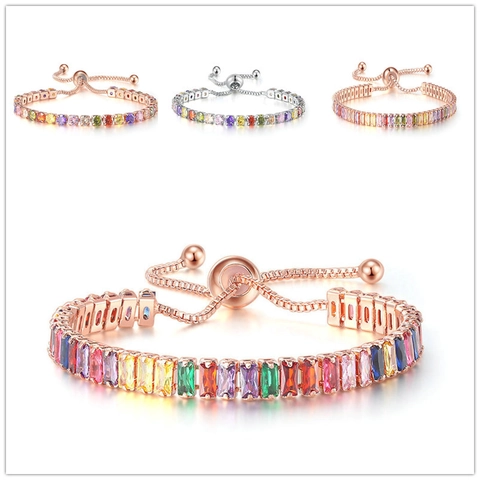Fashion Adjustable Rainbow Zirconia Tennis Bracelet For Women Multicolor Alloy Plated Crystal Inlaid Slider Clasp Jewelry Bracelet