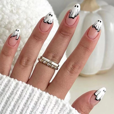 Halloween Geest Kunstnagels Roze Amandel Nepnagels Met Lijm Schattig Cartoon Druppelvorm Draagbaar Vingernagels Voor Dames