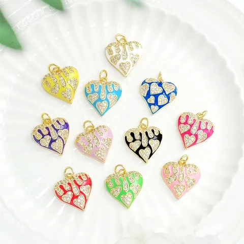 Colgante Corazón Cobre Chapado En Oro Esmalte Goteo Aceite Micro Engaste Circón DIY Joyería Para Mujeres Lindo Romántico