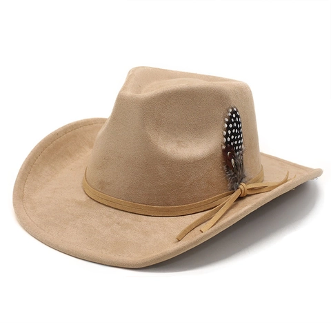 Western Cowboy Hat Faux Suede Wide Brim Jazz Fedora With Feather Decoration For Men And Women