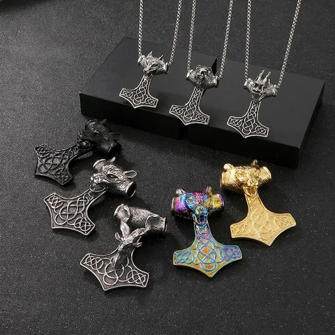 Viking Mjolnir Pendant Necklace Stainless Steel Wolf Lion Head Thor Hammer Vintage Nordic Punk Jewelry For Men