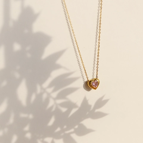 Minimalist Heart Pendant Necklace Stainless Steel 18K Gold Plated Pink Gemstone Clavicle Chain For Women