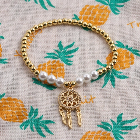 Bracciale Con Ciondolo Acchiappasogni Bohémien Perline In Ottone Placcato Oro Gioielli Eleganti Con Künstliche Perle Imitazione Per Donna